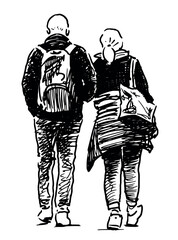 Sketches of couple casual city pedestrians walking outdoors, tourists, back view, realistic outline hand drawn vector illustration isolated on white