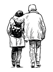 Sketches of couple casual elderly people, city pedestrians walking outdoors, back view, realistic outline hand drawn vector illustration isolated on white