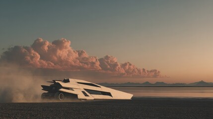 Futuristic vehicle on a desolate landscape at sunset