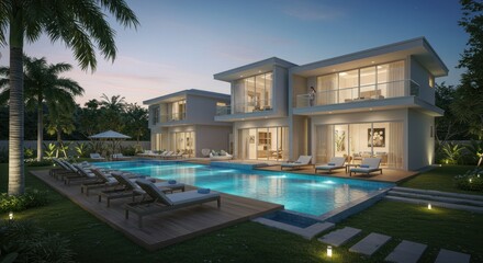 Fototapeta premium Tranquil villa with glowing pool at twilight