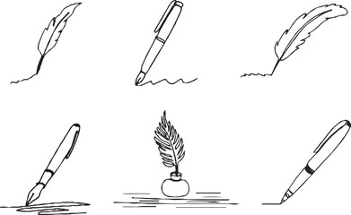 A black and white hand-drawn illustration set featuring various writing instruments, including fountain pens and quill pens.
