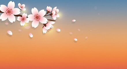 Fototapeta premium Cherry blossoms with falling petals against a gradient background.