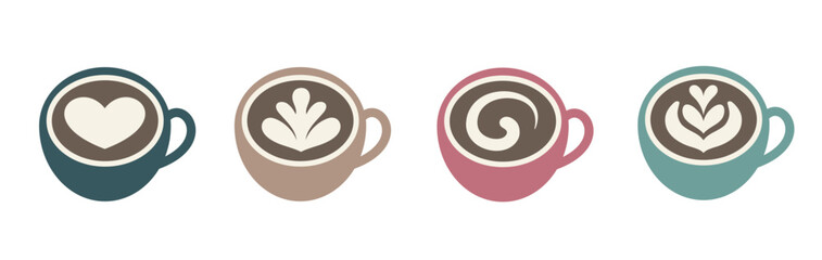 Flat vector art set featuring four colorful coffee cups, with a latte art design on top.