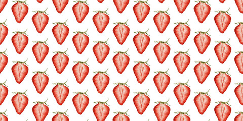 Juice slices of Strawberry Berries background. Watercolor seamless surface pattern design of summer food. Hand drawn garden berries print for package, cosmetic, tablecloth wallpapers, textile, pajamas