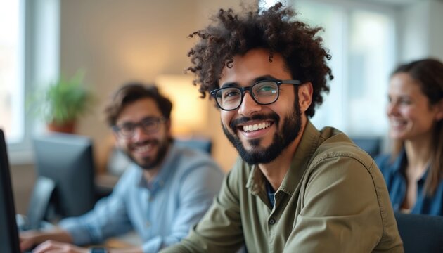 Diverse team of young professionals working together in office. Happy people smile at camera. Tech startup, casual atmosphere. Man with afro, glasses, team members at background. Teamwork, tech