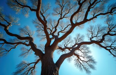 Fototapeta premium Twisted oak tree branches against clear blue sky. Nature scenic landscape with tree trunk. Bare branches. Dry tree, outdoors. Abstract, wavy, curly design. Natural background. View from below.