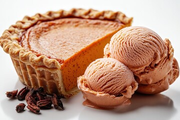 Delicious pumpkin pie with creamy ice cream scoops and spice garnish on a white background