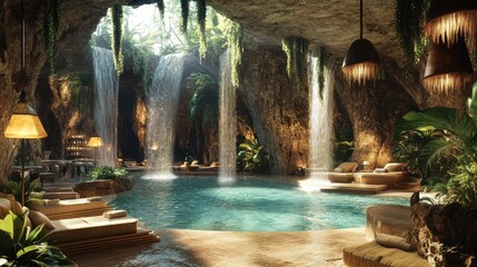 hidden cave resort with waterfalls, tropical plants