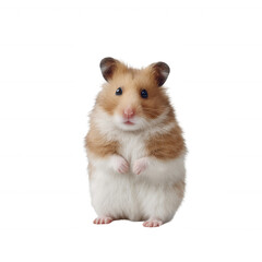 Obraz premium Cute pet hamster standing upright against a white isolated background, showcasing its fluffy fur and curious expression.