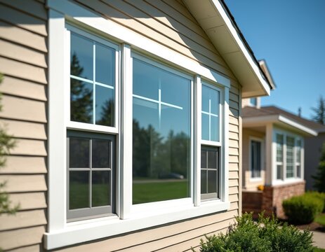 Modern house exterior with energy-efficient windows and siding. New construction residential home with vinyl windows and siding. Home renovation, real estate, curb appeal.