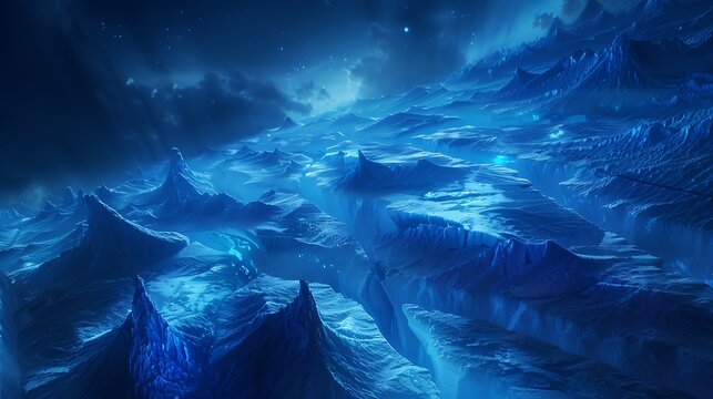 An alien landscape of towering, jagged peaks and icy valleys under a starry night.