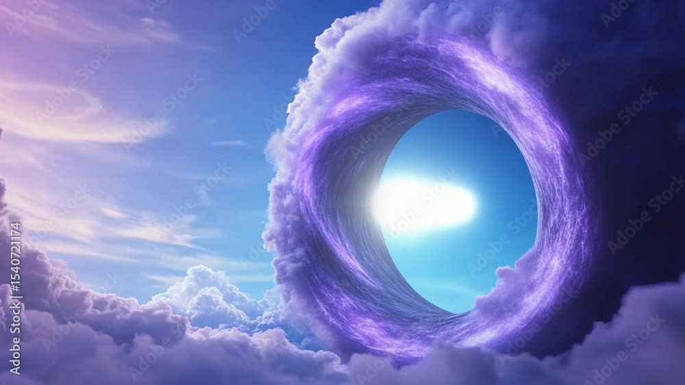 Poster celestial portal: a swirling purple vortex of clouds forms a mesmerizing portal in the sky, revealin