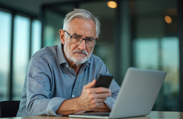 Fototapeta premium Elderly businessman looks confused at smartphone in modern office. Senior executive with glasses, frustrated. Concept tech challenge, adaptation for senior workers. Workplace technology struggles,