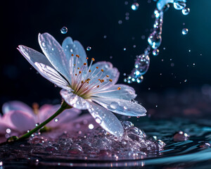 Hyper-realistic water splash forming transparent flower with cinematic light