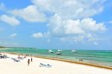 El Cortecito, Punta Cana, Dominican Republic- June 12, 2025: People walking along the coastline and sunbathing on one of the best beach in Caribbean area. Lots  of seaweed, specifically Sargassum.