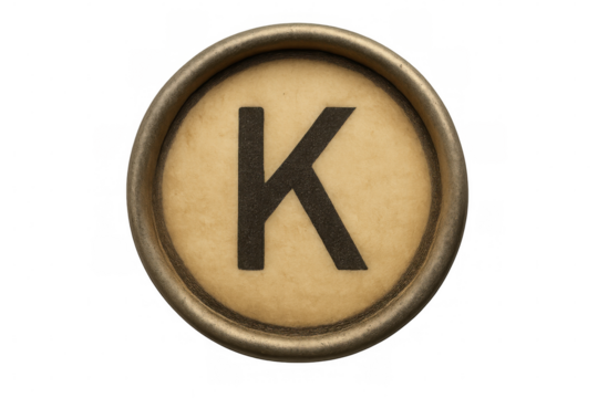 Antique typewriter key displaying the letter k, isolated on a transparent background, capturing the essence of vintage typography