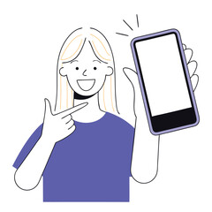 Smiling blonde woman presenting a smartphone with her index finger while demonstrating the features