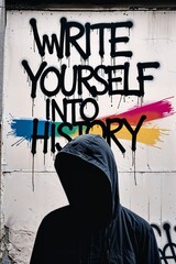 Black and White Urban Graffiti Art Featuring WRITE YOURSELF INTO HISTORY Quote, Anonymous Hooded Silhouette, Rainbow Accent, Celebrating Free Speech, Identity, Dreams, and Leaving a Mark on the World