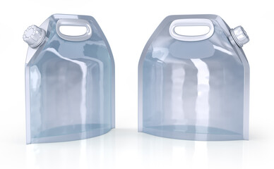 Clear plastic soft flask with handle design. Liquid packaging pouches. 3d illustration on white background