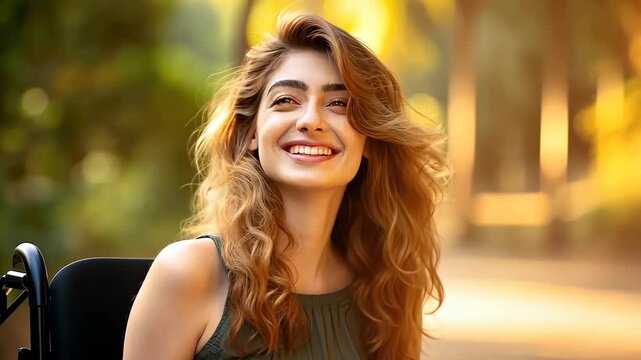 Happy paraplegic woman embracing life in a green park.