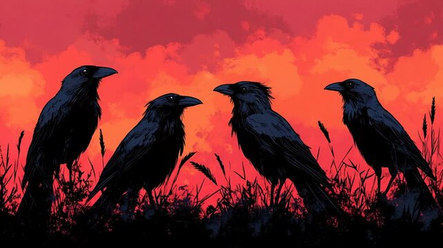 Four Crows Sunset Silhouette with Dark Birds, and Nature.