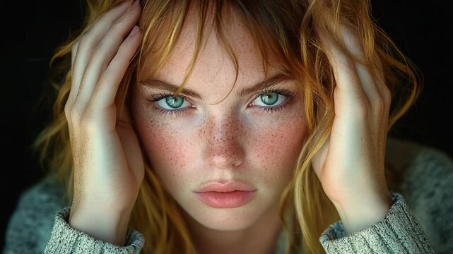Freckled redhead woman portrait with closeup.