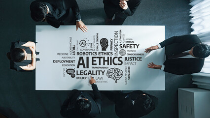 A group of professionals engages in a serious discussion about AI ethics, transparency, and...