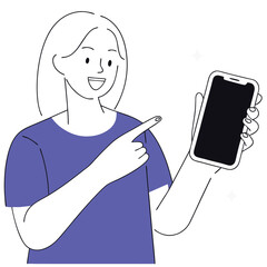 Smiling woman presents mobile phone, gesturing toward the screen with playful sparkles enhancing appeal