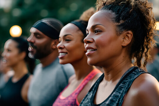 Group of diverse plus-size athletes in a bootcamp class, outdoors