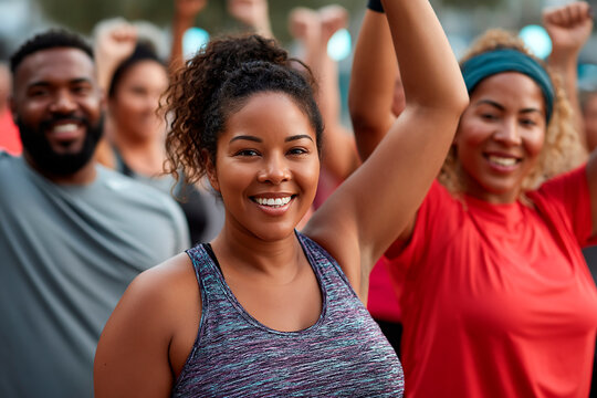 Group of diverse plus-size athletes in a bootcamp class, outdoors