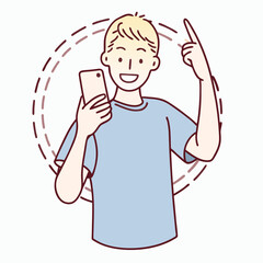 Joyful blond male points upward while viewing content on his mobile phone device
