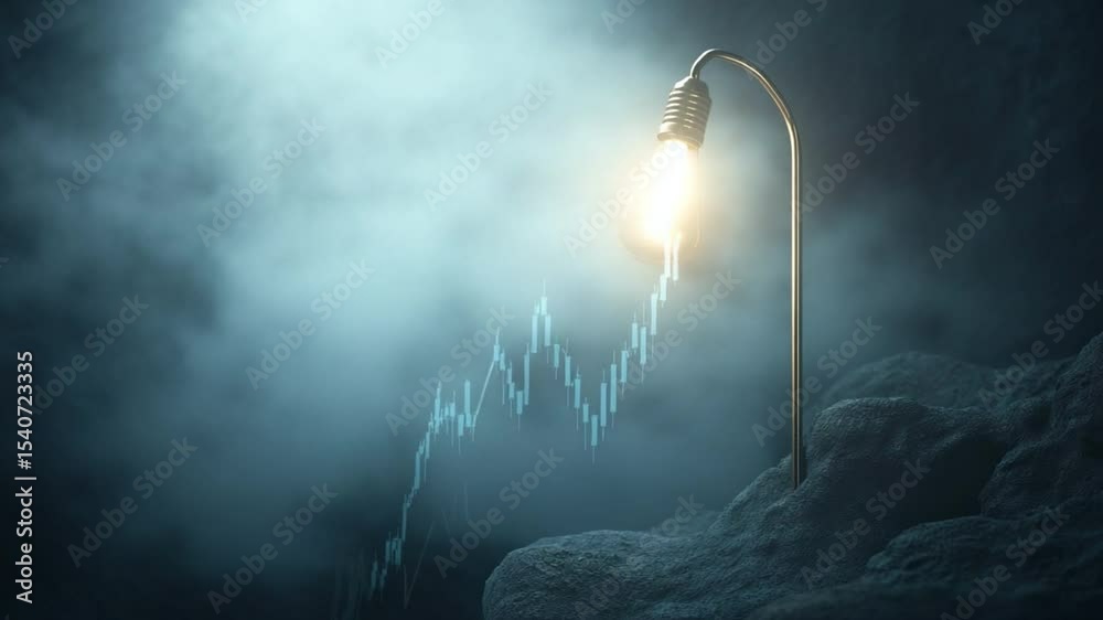 Poster illuminating growth: a lone lightbulb on a lamppost casts its glow on an upward trending graph, symb