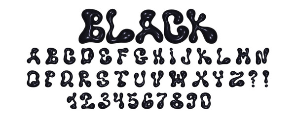 Wavy 3D font design featuring liquid letters and numbers with a glossy reflective texture displayed on a white background.