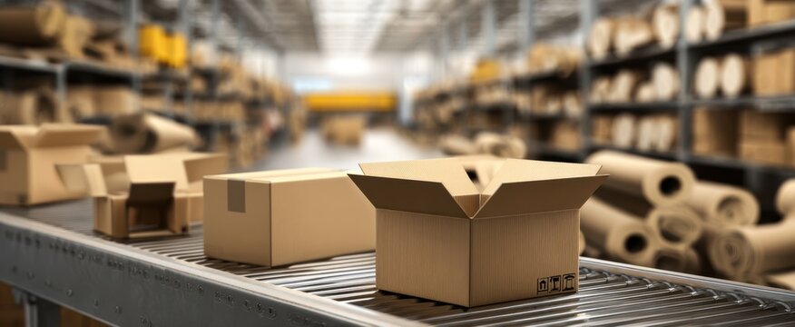 The packaging boxes arranged neatly in a modern warehouse environment. - Powered by Adobe