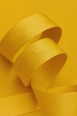 Macro photo of a bright yellow grosgrain ribbon curled into an elegant loop, with fine horizontal ridges and a rich textile texture.