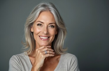 Beautiful portrait of an elegant senior woman with grey hair and a radiant smile. Mature model poses in studio setting. Natural beauty and healthy skin. Anti-ageing, cosmetic and spa themes are here.