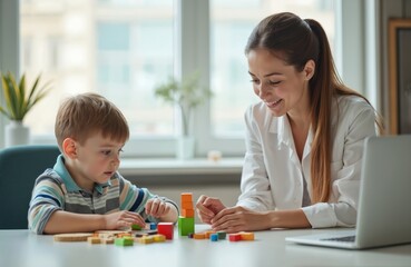 Fototapeta premium Woman psychologist assesses child mental development with building blocks puzzle. Little boy plays game, focused on task. Pro, patient care, mental health support, childhood therapy.