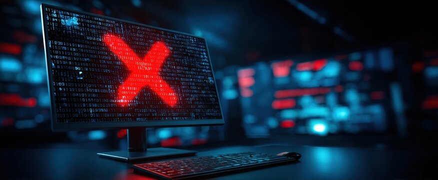 The glowing computer screen displaying an error message in a cybersecurity setting.