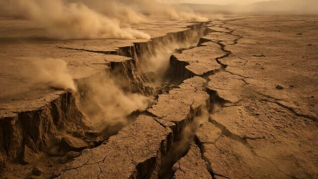 Aerial view of a dramatic earthquake crack in a barren landscape, with dust rising Perfect for a cinematic video on natural disasters