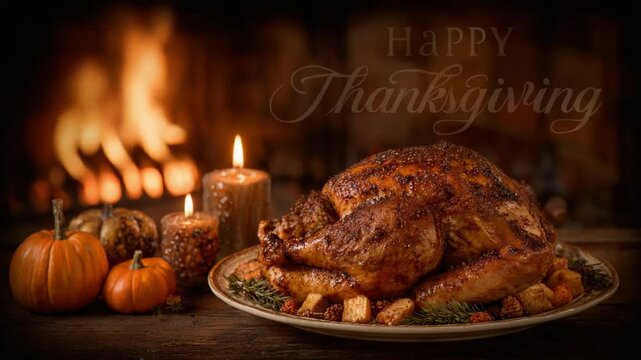 turkey, candles in background is a fireplace flickering, says Happy Thanksgiving