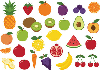 Fresh fruit collection, healthy food vector, colorful tropical fruits, juicy fruits illustration, banana, kiwi, cherry, apple, pomegranate, watermelon