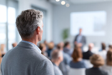 Professional man listens attentively at a corporate conference. Great for business, learning, leadership, and presentation themes. Ideal for website headers.
