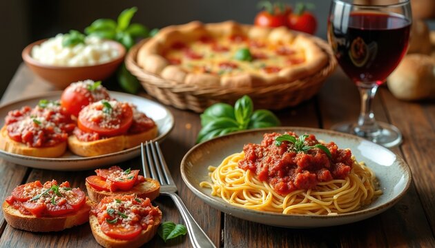 Delicious Italian cuisine with pizza pasta dishes, bruschetta, tomato and cheese on a rustic wooden table. Dinner with red wine, food styling for menu, restaurant.