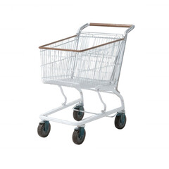 Shopping cart with metal frame and wheels, isolated on a white background. Ideal for retail, grocery, or online shopping concepts.