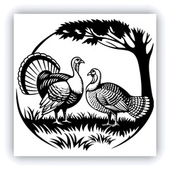 A mature, gray and white turkey hen is centered in a nest of straw. She is brooding over three eggs, with two small, light yellow chicks visible near the eggs. The turkey is positioned in a slightly c