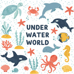 Underwater world illustration, sea animals clipart, ocean life drawing, marine creatures vector, aquatic cartoon set, kids ocean design