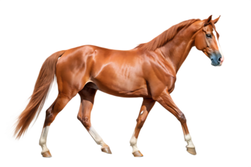 Chestnut Horse Walking Side View Full Body A I Generated Stud Rich Brown Coat White Markings Long Mane Tail isolated on a transparent background