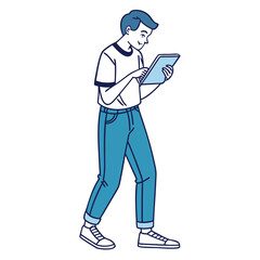 Smiling young man is using a tablet while walking in blue jeans and sneakers