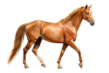 Fototapeta premium Chestnut Horse Walking Side View Studio Lighting A I Generated isolated on a transparent background equine