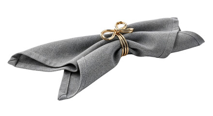 Gray napkin tied with golden ring isolated for table decor  